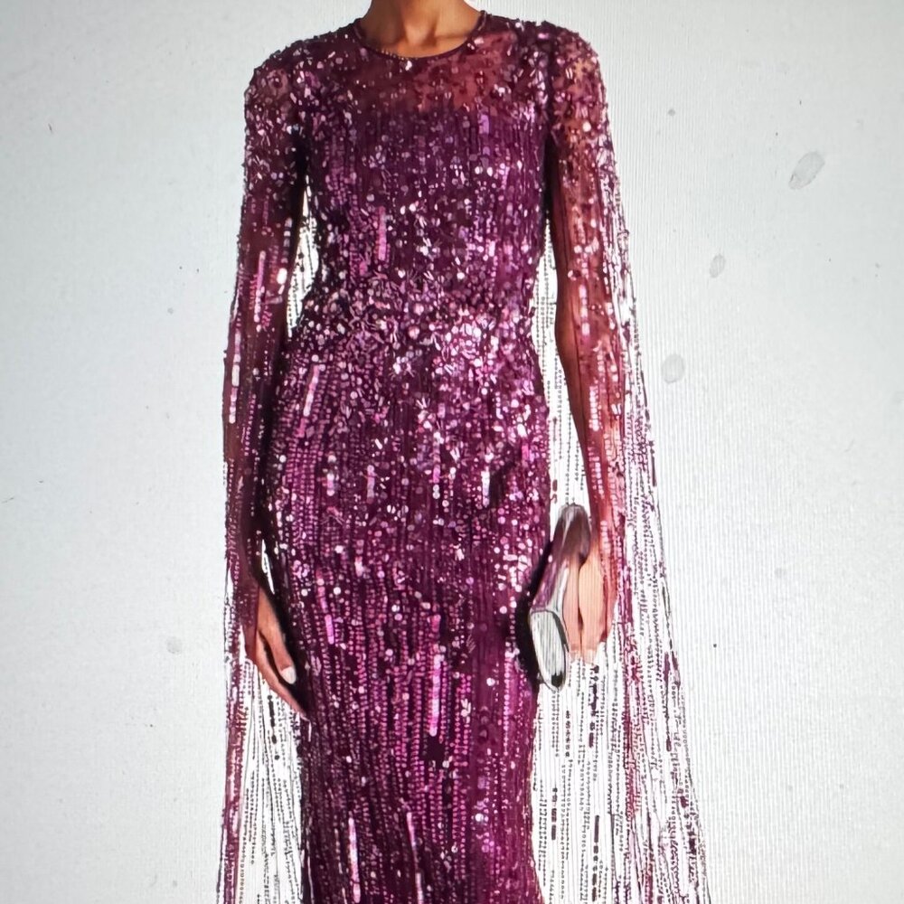 Jenny Packham Mulberry Cape Effect Embellished Gown in Mulberry size US 10 UK 14